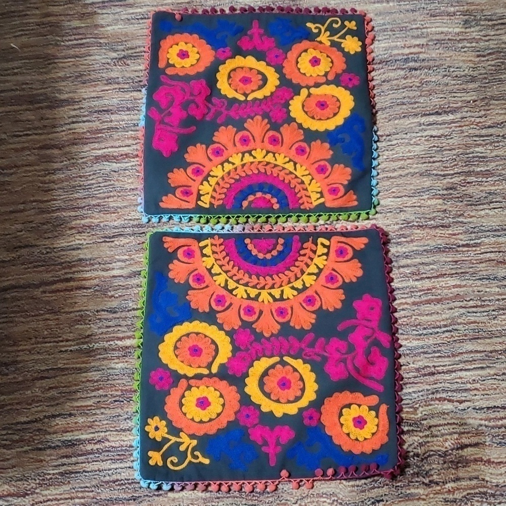 Boho Embroidered Accent Pillow Cases 16 x 16 inches